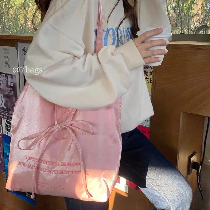 

Student Girl Glitter Pearlescent Color Shoulder Bag Pink Color Korean Fashion Bow School Bag Portable Large Capacity Outdoor Bag