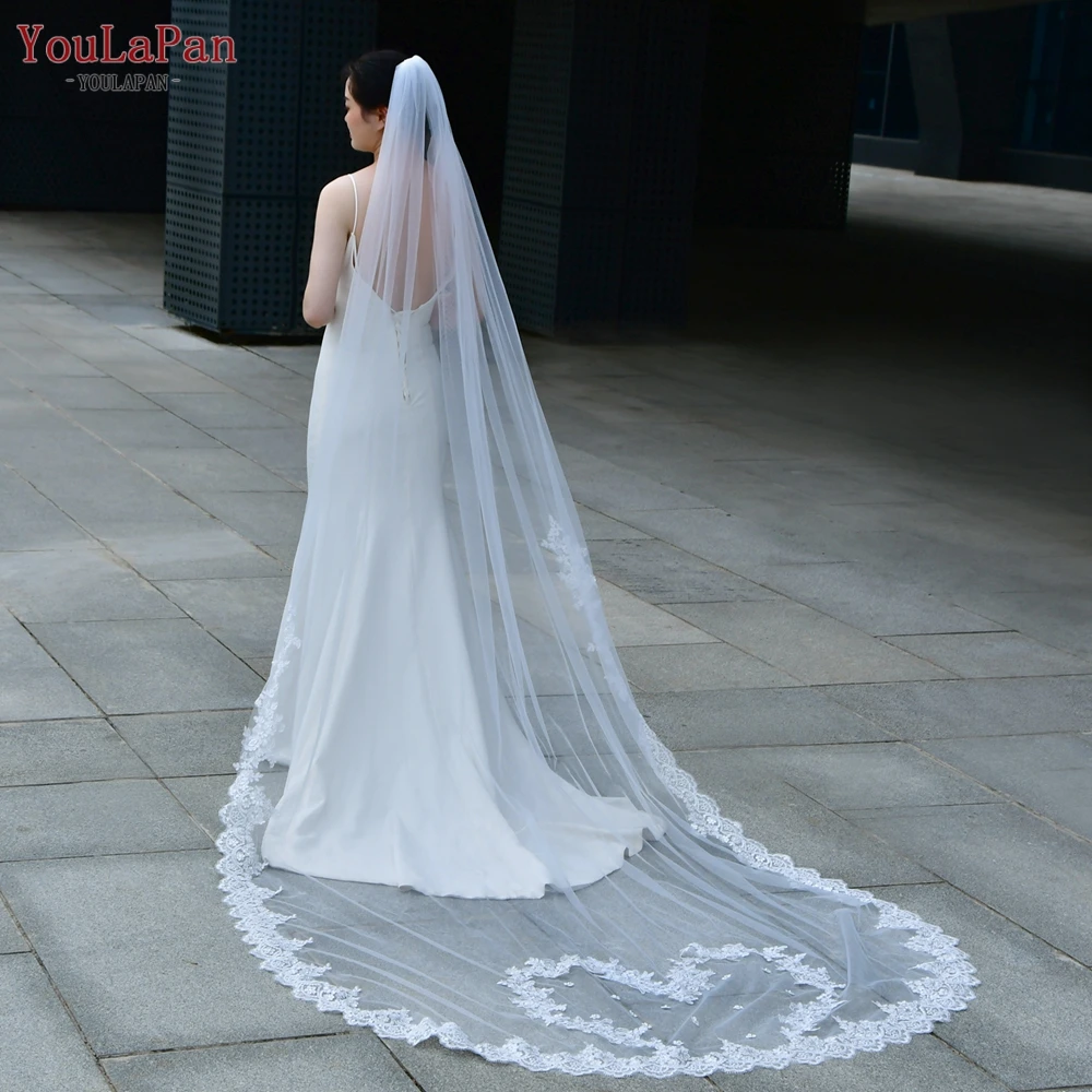 YouLaPan V163 Lace Edge Bride Veil Long with Comb Cathedral Length Wedding Veil 1 Tier Love Heart Shape Embroidery Sparkly VEU