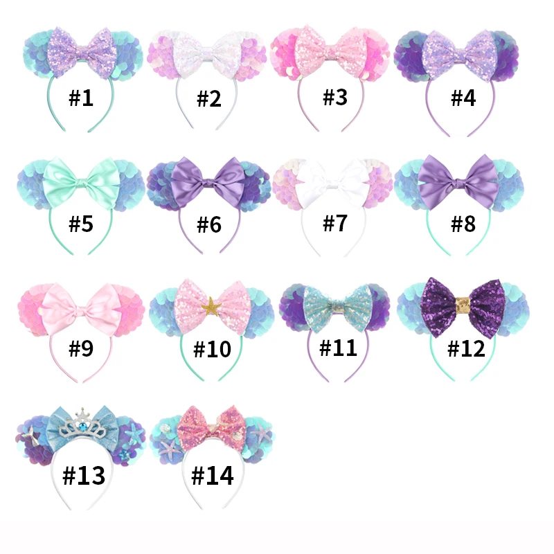 Mermaid Disney Mickey Mouse Ears Headbands Minnie Hair Sequins 5“Bows For Women Festival Hairband Girls Hair Accessories Cosplay