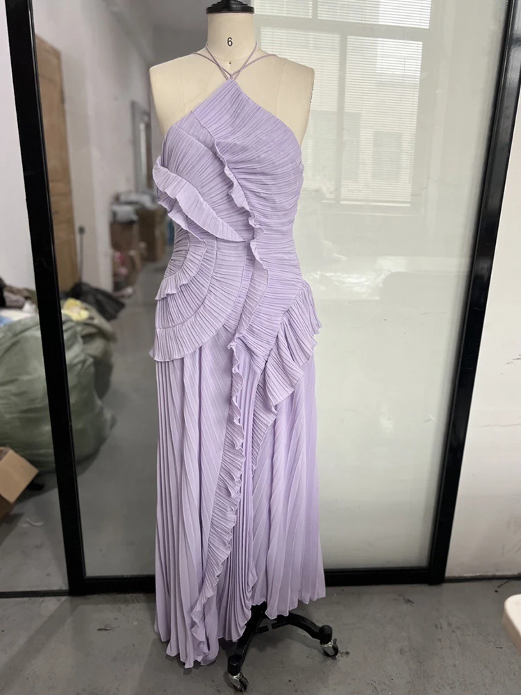 Strandstijl avondjurk met ruches Sexy dames maxi-jurk met halterhals Nachtdatum Chique en elegante zomerjurk zonder rug