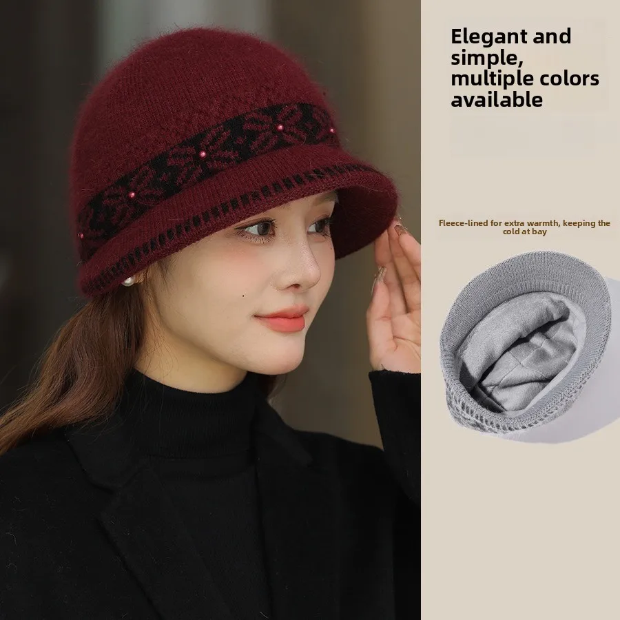 2026 Middle-aged and Elderly Rabbit Fur Basin Hat Mother Hat Fashionable and Simple Knitted Hat with Velvet To Keep Warm