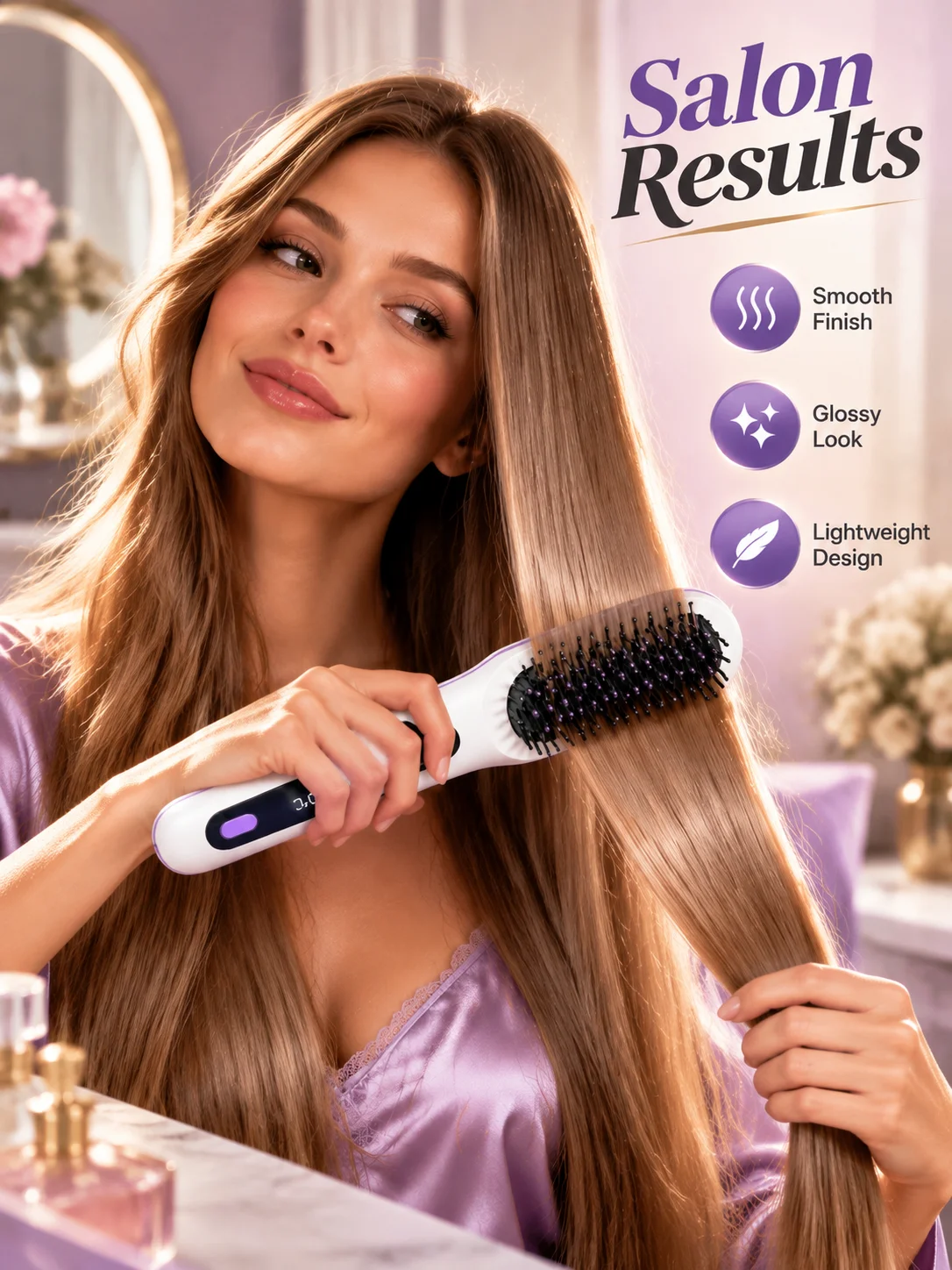 Mini Straightening Comb Wireless Hair Straightener Temperature Display 4 Heat Levels Dual MCH Ceramic Heating Overheat Safe