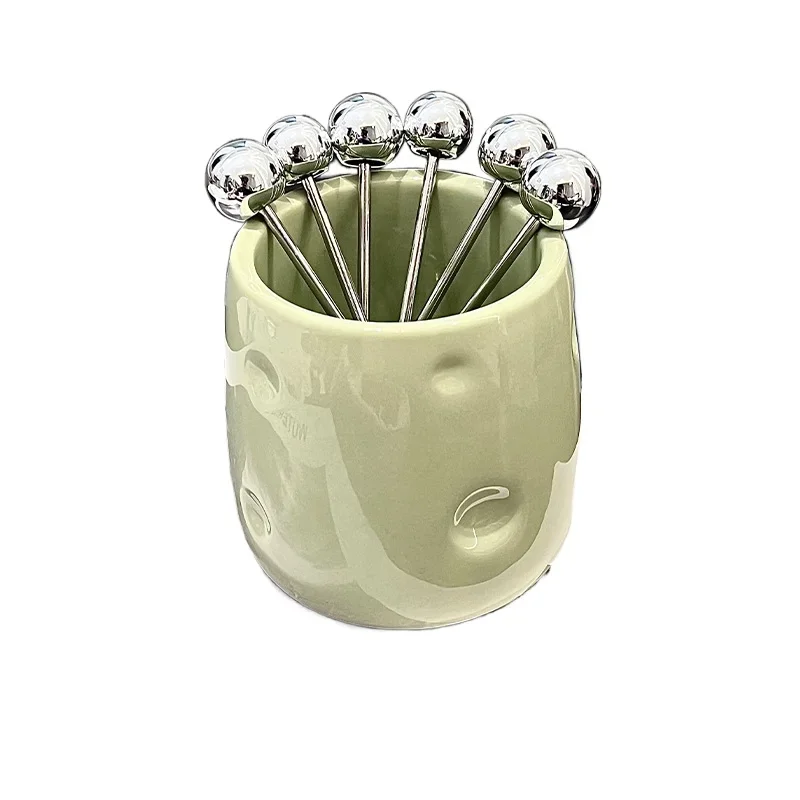 

Fruit Fork Cake Stick Household Stainless Steel Fruit Fork Fruit Insert Creative Ceramic Premium Sense Storage Jar Set