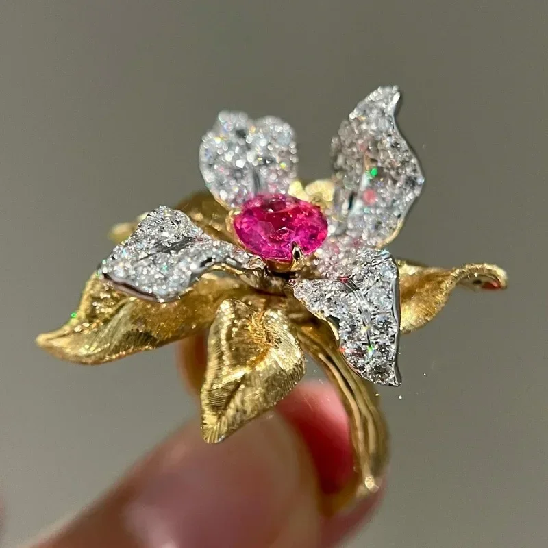 Vintage inlay Unique Luxury Ruby showy flower rings for women Exquisite Creative exaggerate Engagement Ring silver 925 Jewelry