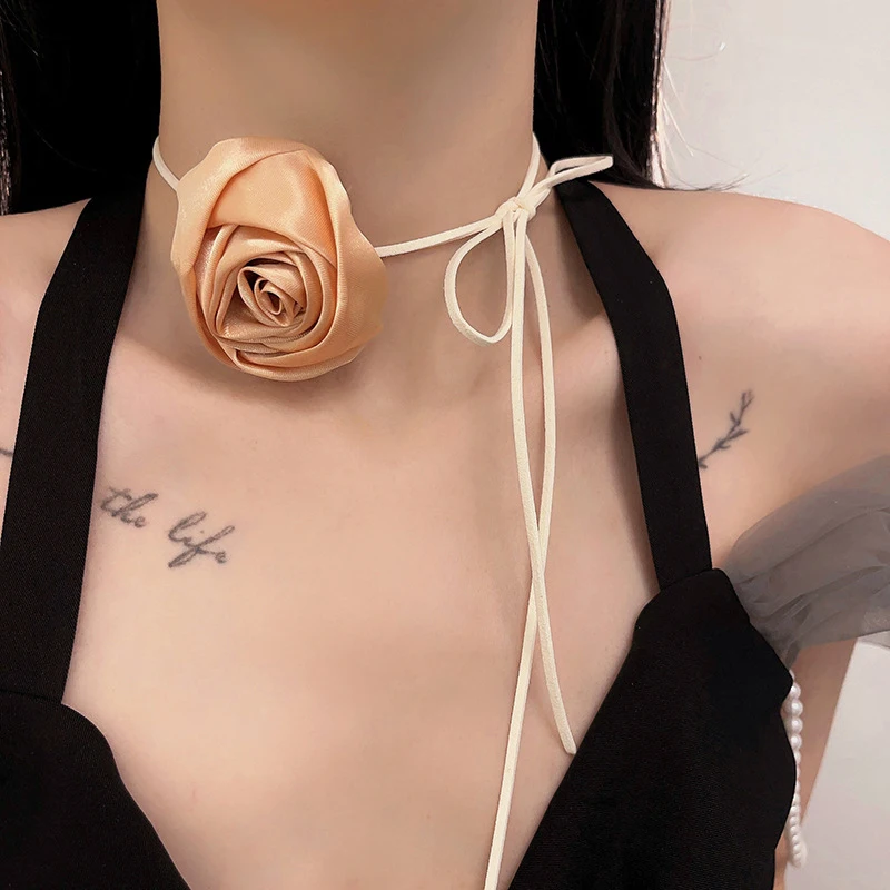 Niche Vintage Rose Choker Necklace Handmade Collar Wrist Flower Feminine Waist Rope Tie Fashion Accessories for Women