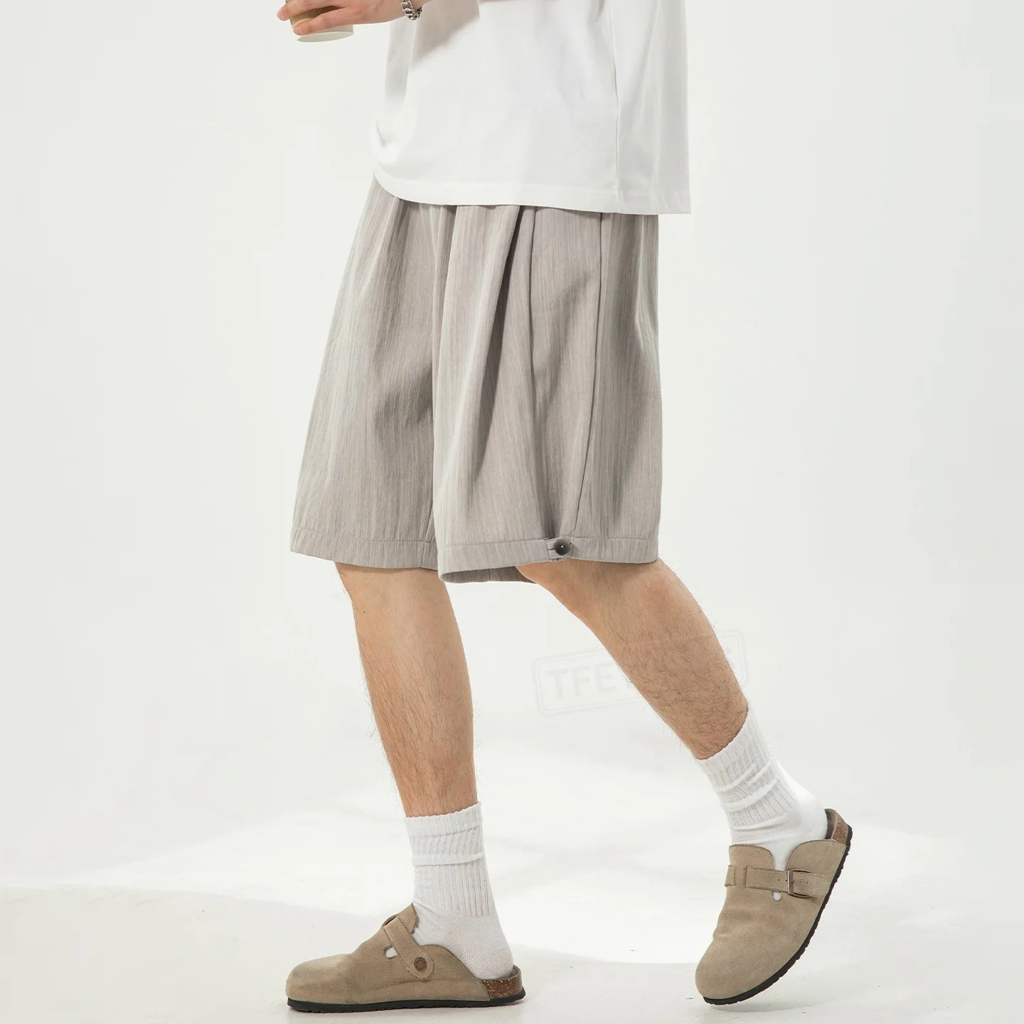 

TFETTERS 2026 Summer Elegant Suit Shorts Men with Button Hem Pleated Loose Straight Leg 5 Inch Short Pants for Man
