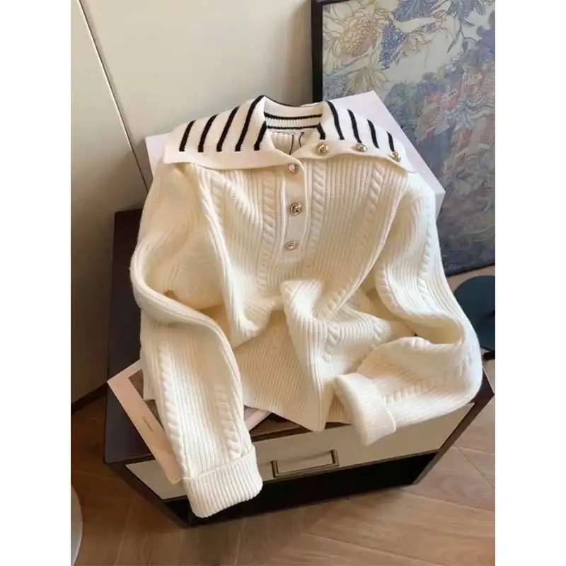 Женская одежда, весенне-осенний модный цветной отложной воротник, женский универсальный вязаный свитер, пуловеры, топы