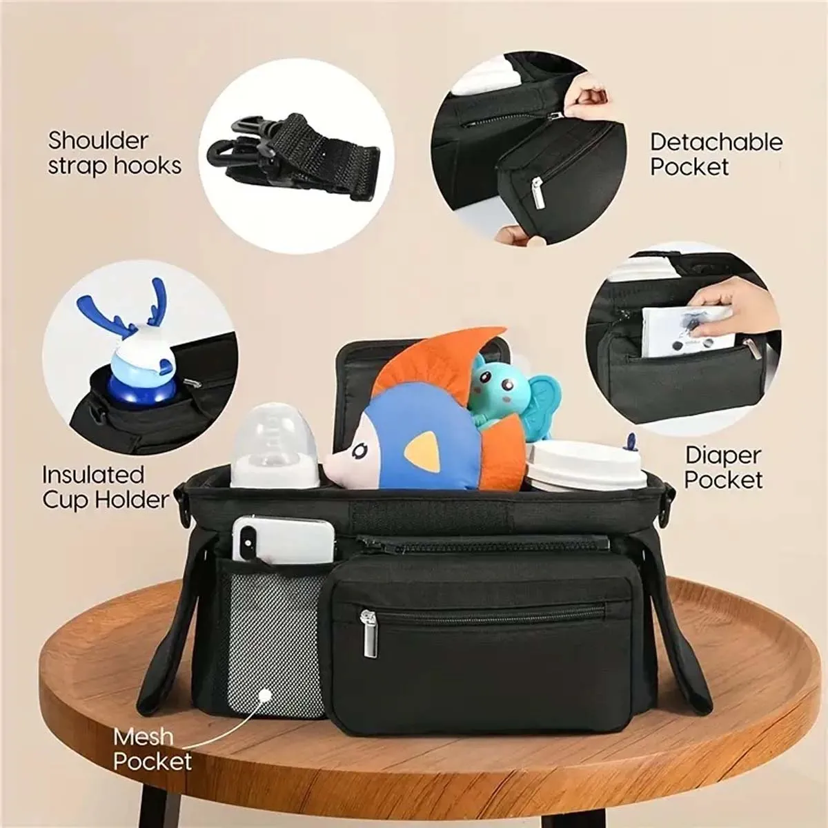 1pc Premium Stroller Organizer - Insulated Cup Holders,Stroller Organizer with Insulated Cup Holders, Phone Bag & Shoulder Strap