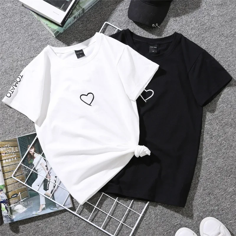 

Summer 2024 couples lovers T-shirt for women Casual white Tops T-shirt woman T shirt love heart embroidered T-shirt Woman -95