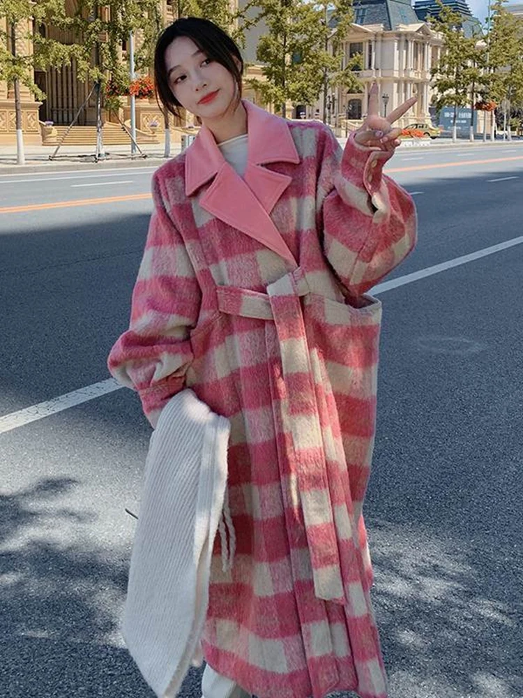 Winter Woman Woolen Coat Pink Plaid Color Block With Sashes Vintage Style Lapel Collar Loose Jackets 2023 Autumn Fashion