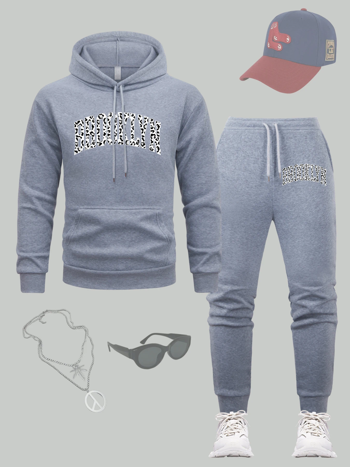 

Brooklyn Art Letter City Design Мужской комплект с капюшоном Флисовый повседневный спортивный костюм с карманами Осенние комплекты спортивных штанов Свободные спортивные штаны