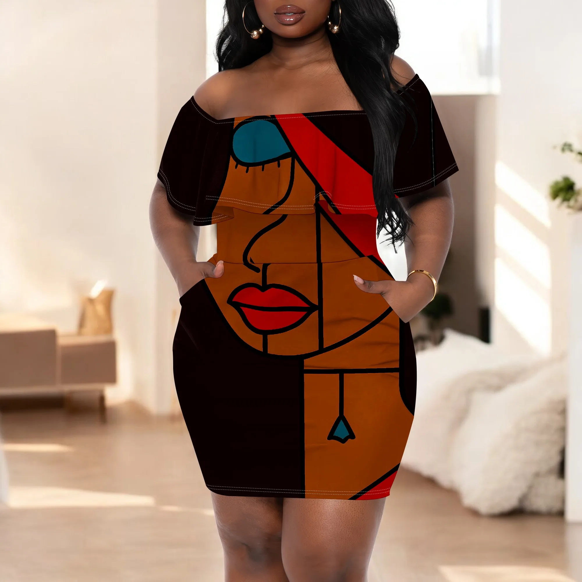 

Abstract Face Print Off Shoulder Mini Dress S-3XL Artistic Pocket Bodycon Dress for Afro Streetwear or Cultural Party Wear