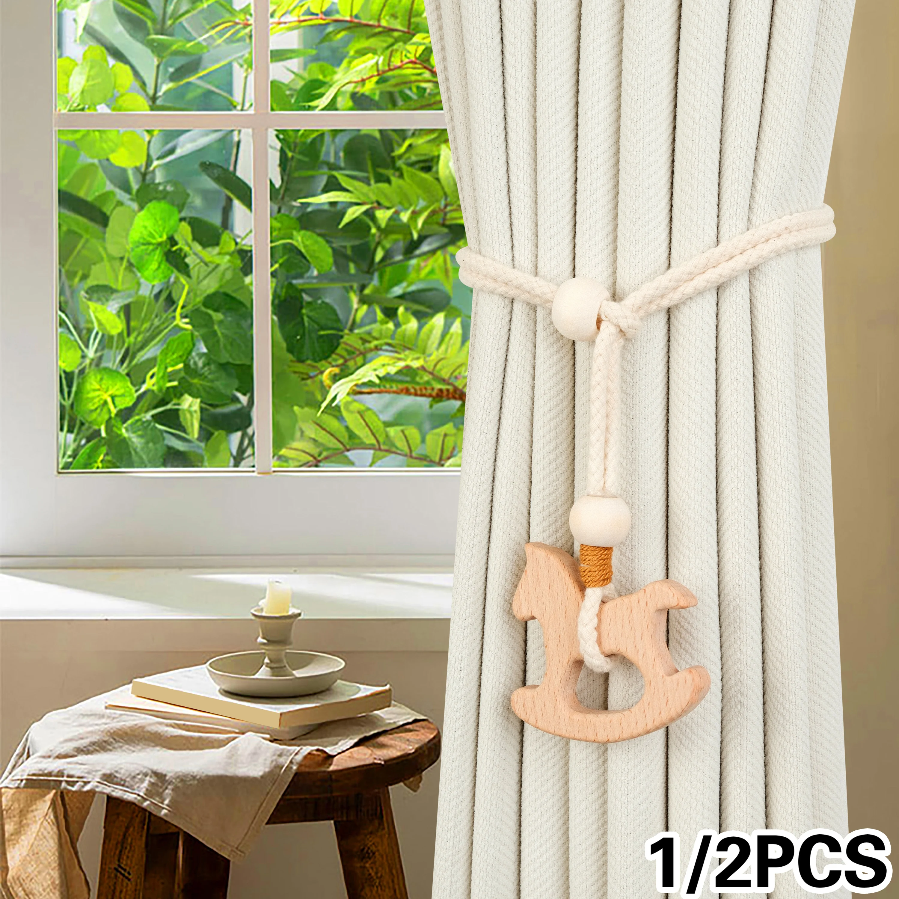 1PC/2PCS Bohemian Style Handmade Wooden Beads and Trojan Horse Pattern Design Adjustable Curtain Tiebacks