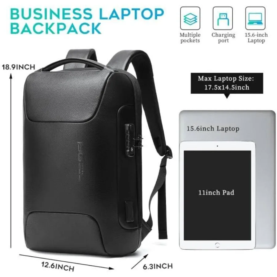 حقيبة ظهر للكمبيوتر المحمول من الجلد الطبيعي من BANGE تناسب حقيبة ظهر للأعمال مقاس 15.6 بوصة مضادة للسرقة مع حقيبة ظهر للعمل المكتبي بقفل TSA مع USB3.