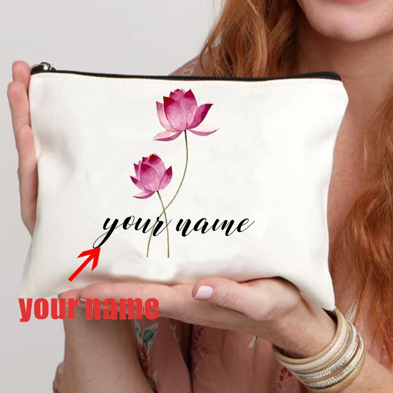 Flower Custom Makeup Bag for Women Trendy Cosmetic Lipstick Pouch Personalized Floral Name Pencil Case Travel Toilet Kits Gifts