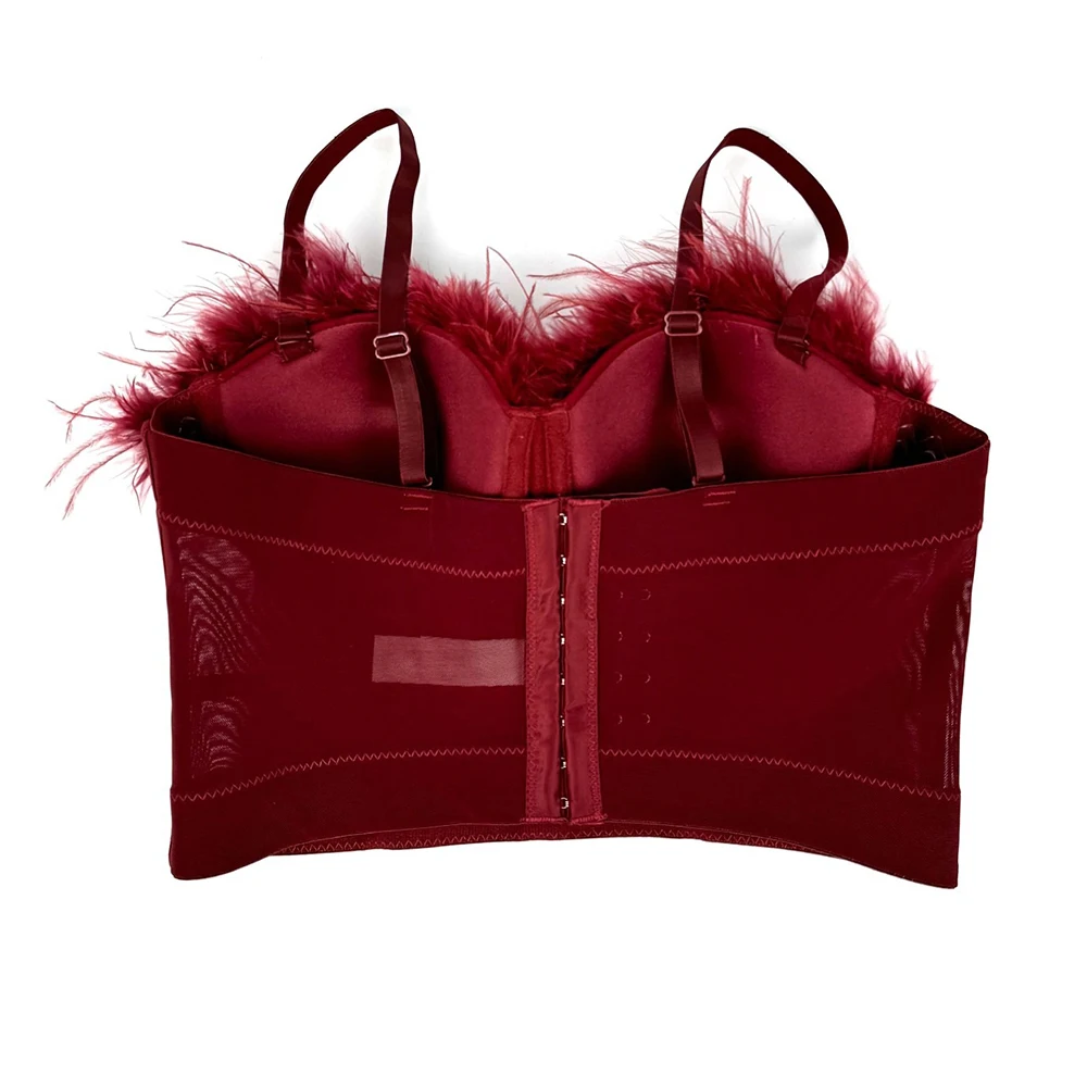 SXTHAENOO 2024 여성 패션 섹시한 프렌치 앙고르 레드 뷔스티에 백 버클 크롭 코르셋 꽃 & 깃털 탑 하이 스트리트 파티 클럽