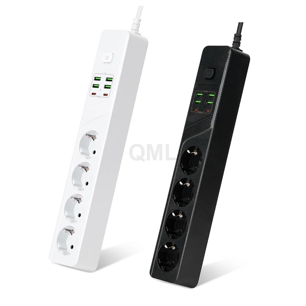 EU plug 4 Outlet European Power Strip with 4 USB 2 Type-C Port 3000W 2M Extension Wire Overload Protection Power Socket Board