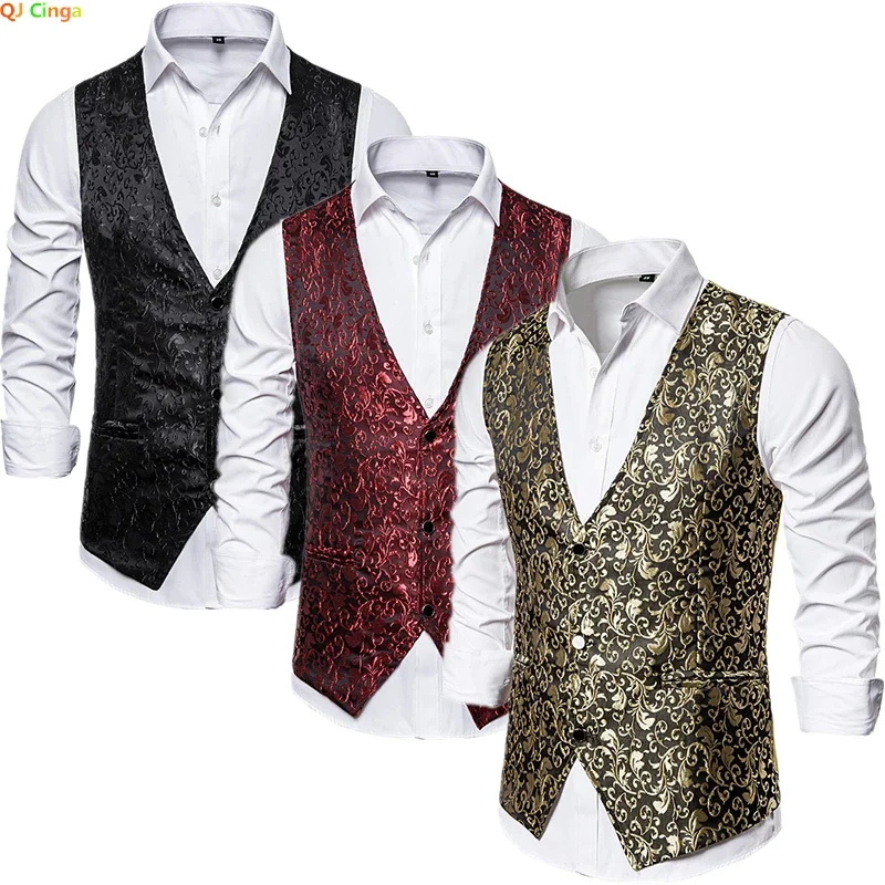 Men\'s Gold Jacquard Fabric V-Neck Sleeveless Vests Jacket, Single Breasted Vest, Wedding Party Waistcoat Black Wine Red