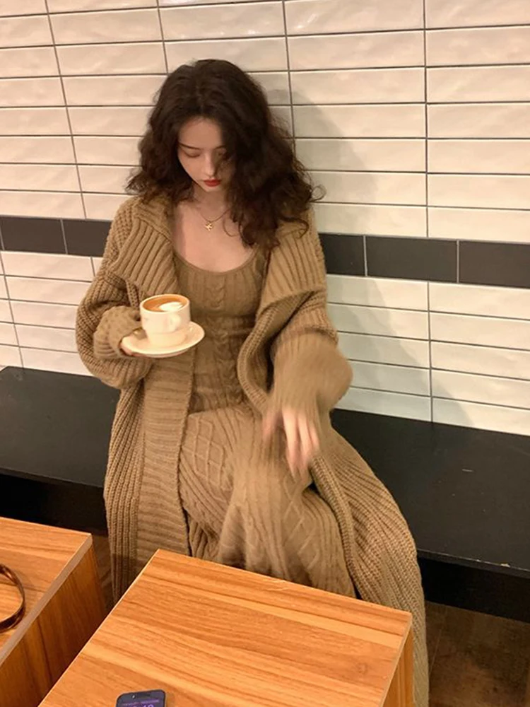 2024 Autumn Winter Korean Style Elegant Style Two Piece Sets Femme Solid Color Loose Knit Cardigan Jacket V-neck Vest Dress