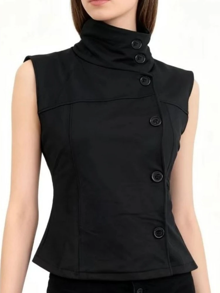 Damska bluzka streetwearowa z golfem, czarna, Harajuku Punk Vintage, zapinana na guziki, estetyka Y2k, dopasowany krój.