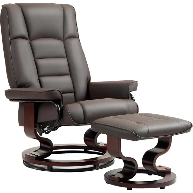 Faux Leather Reclining Chair, Recliner with Ottoman with High Back and Wood Frame for Living Room, Brown