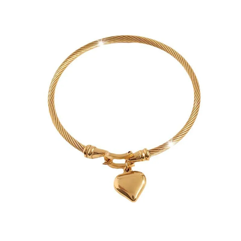 Stainless Steel Gold Color Heart Pendant Bracelets For Women Men Simple Metal Buckle Charm Bangle Bracelets Waterproof Jewelry