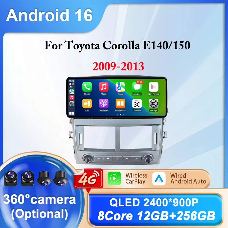 12.3 Inch For Toyota Corolla E140/150 2009-2013 Car Radio Wireless Carplay Android Auto Car Multimedia Player GPS Navigation BT