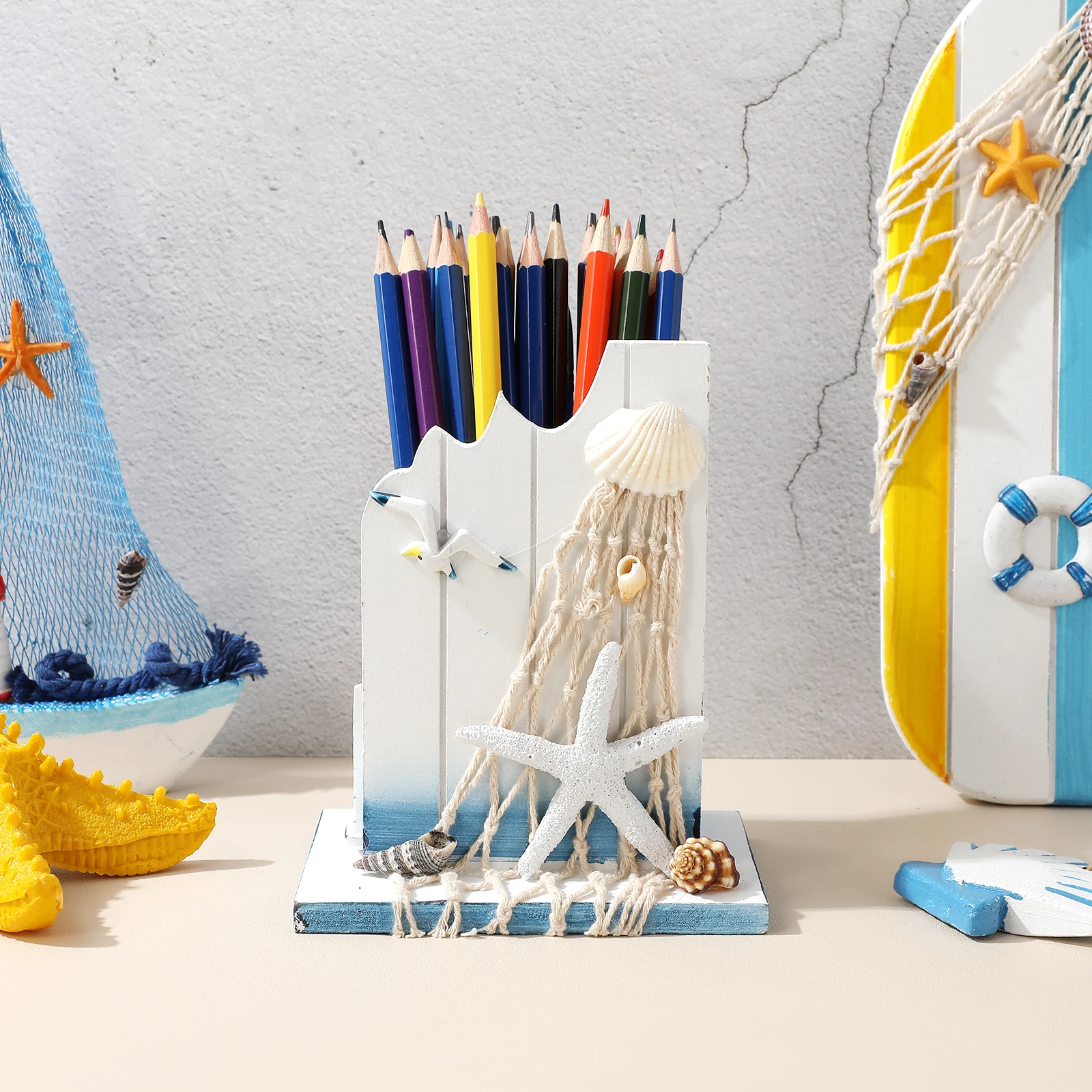 

Wooden Pen Holder For Home Office Desk With Sea Star Decoration Premium Wood Stationery Organizer Tubular White Brush