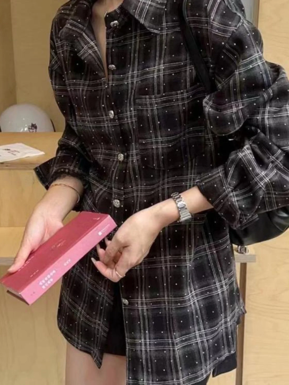 Retro casual xadrez irt design feminino alta reta longa sve topo coreano sle solto ajuste botão detalhe material de poliéster