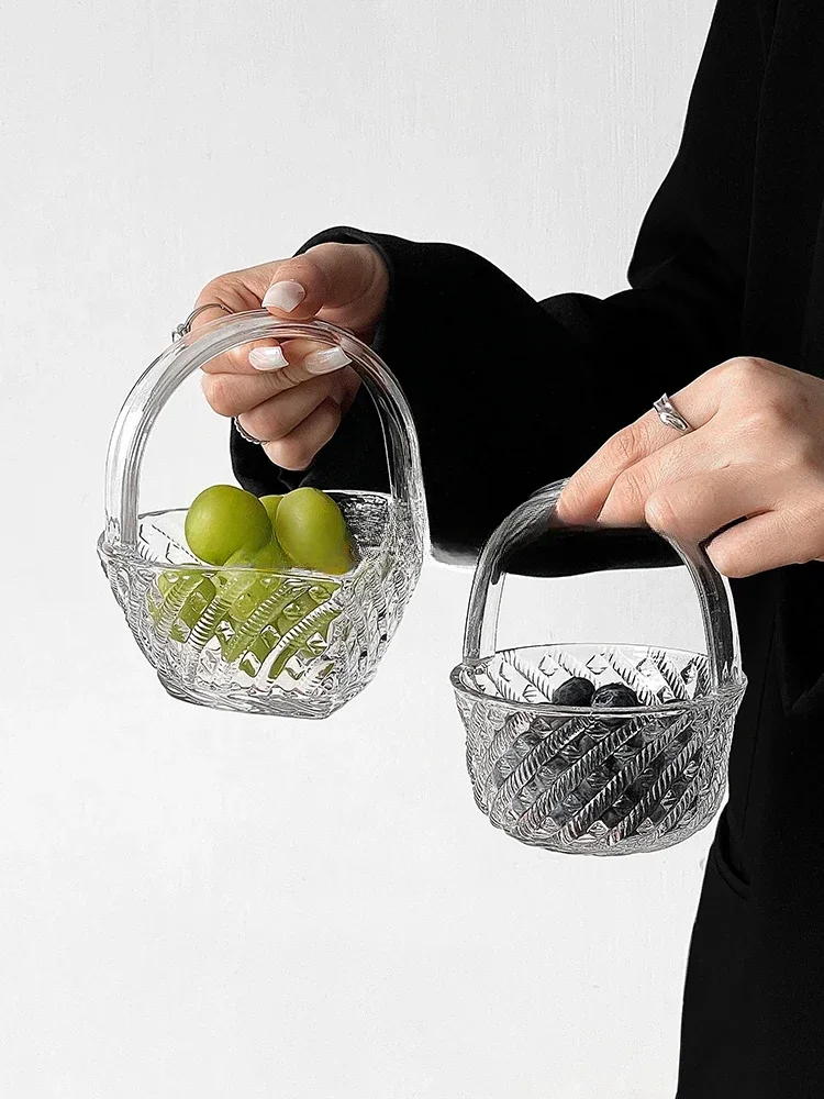 High Beauty Handheld Vine Weaving Glass Fruit Basket Living Room Home European Candy Box Snack Plate Small Fruit Plate