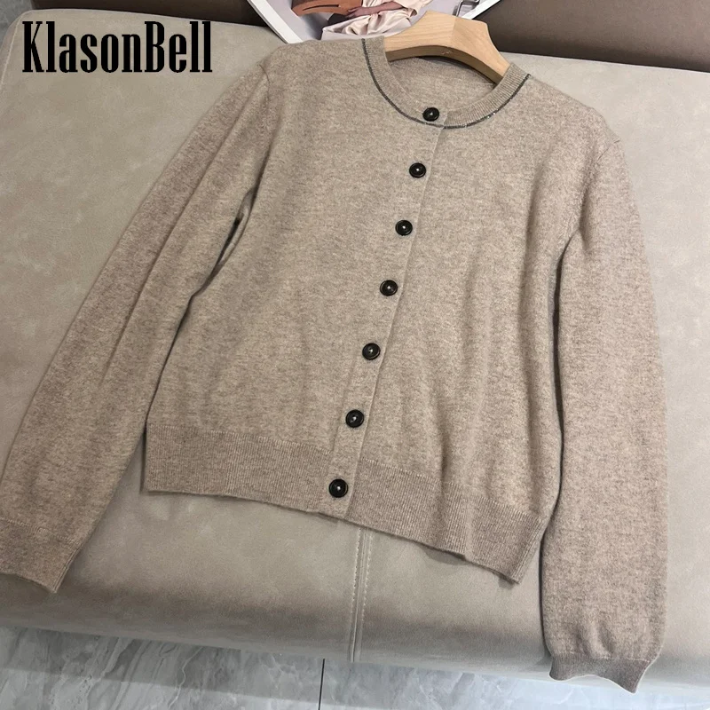 12.1 KlasonBell Beading Chain Decoration Round-Neck Cashmere Knit Cardigan Long Sleeve Loose Loose Cardigan Coat For Women