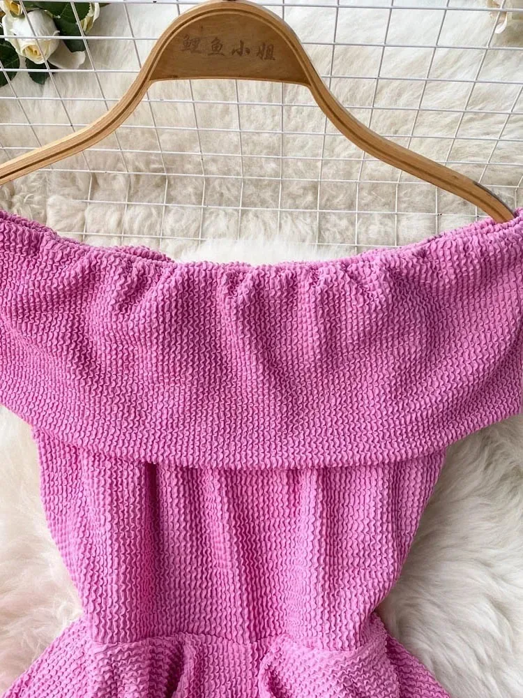 Verão feminino sexy uma palavra pescoço fora do ombro vestido fino em camadas meados de comprimento babados cintura magro aniversário temperamento vestido d1341