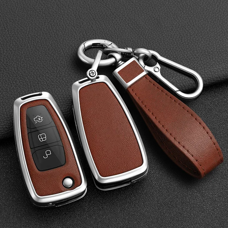 

Leather Zinc Alloy Car Key Case Cover For Ford Ranger CMax SMax Focus Galaxy Mondeo Transit Tourneo Custom Auto Key Holder