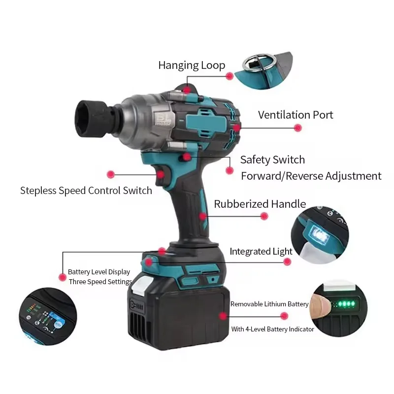 21V Brushless Impact Wrench Set 1000Nm High Torque 1/2 Inch Drive Cordless Power Wrench Kit for Auto Repair Tire Removal