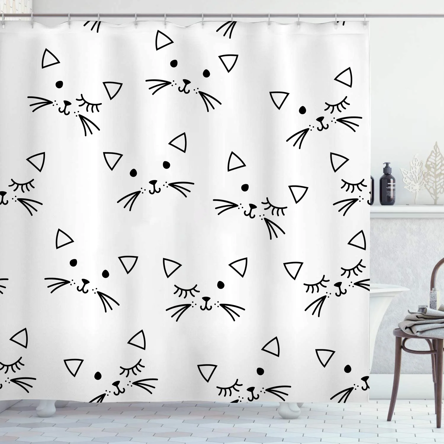 Black Line Katzen-Duschvorhänge, waschbarer Stoff, Polyester, für Badewanne, Kunst, Badezimmer, Dekor, Trennwand mit Haken, zum Aufhängen, wasserdicht – Detail 3