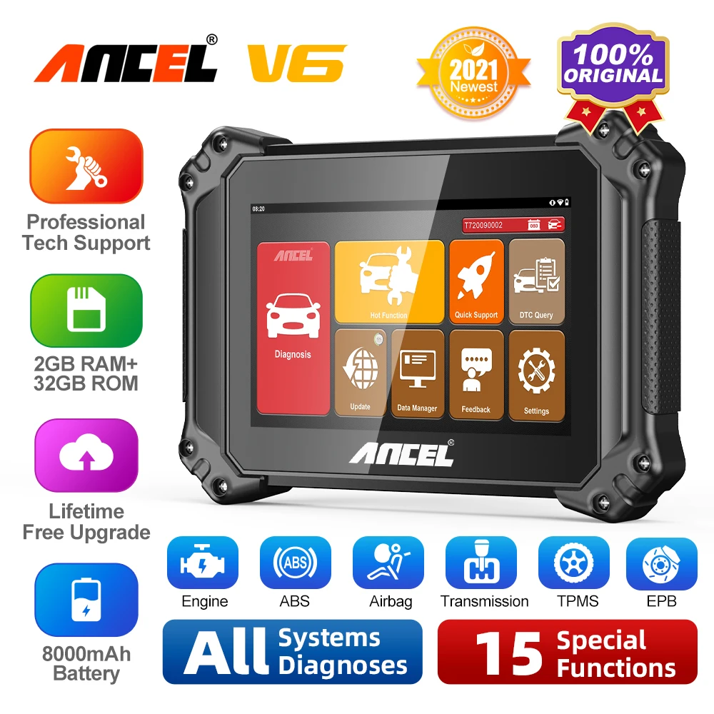 

Ancel V6 OBD2 Diagnostic Scanner 8" Tablet OBD 2 Auto Scan Tool Bidirectional ABS Bleeding SAS Reset 8" OBD 2 Auto Scanner