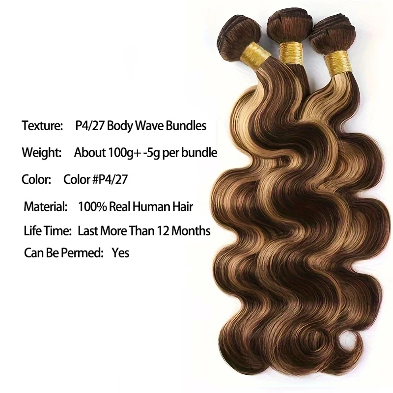 Tissage et extensions de cheveux brésiliens Remy Body Wave pour femmes noires, faisceaux de cheveux bruns et blonds, point culminant P4/27, 26 