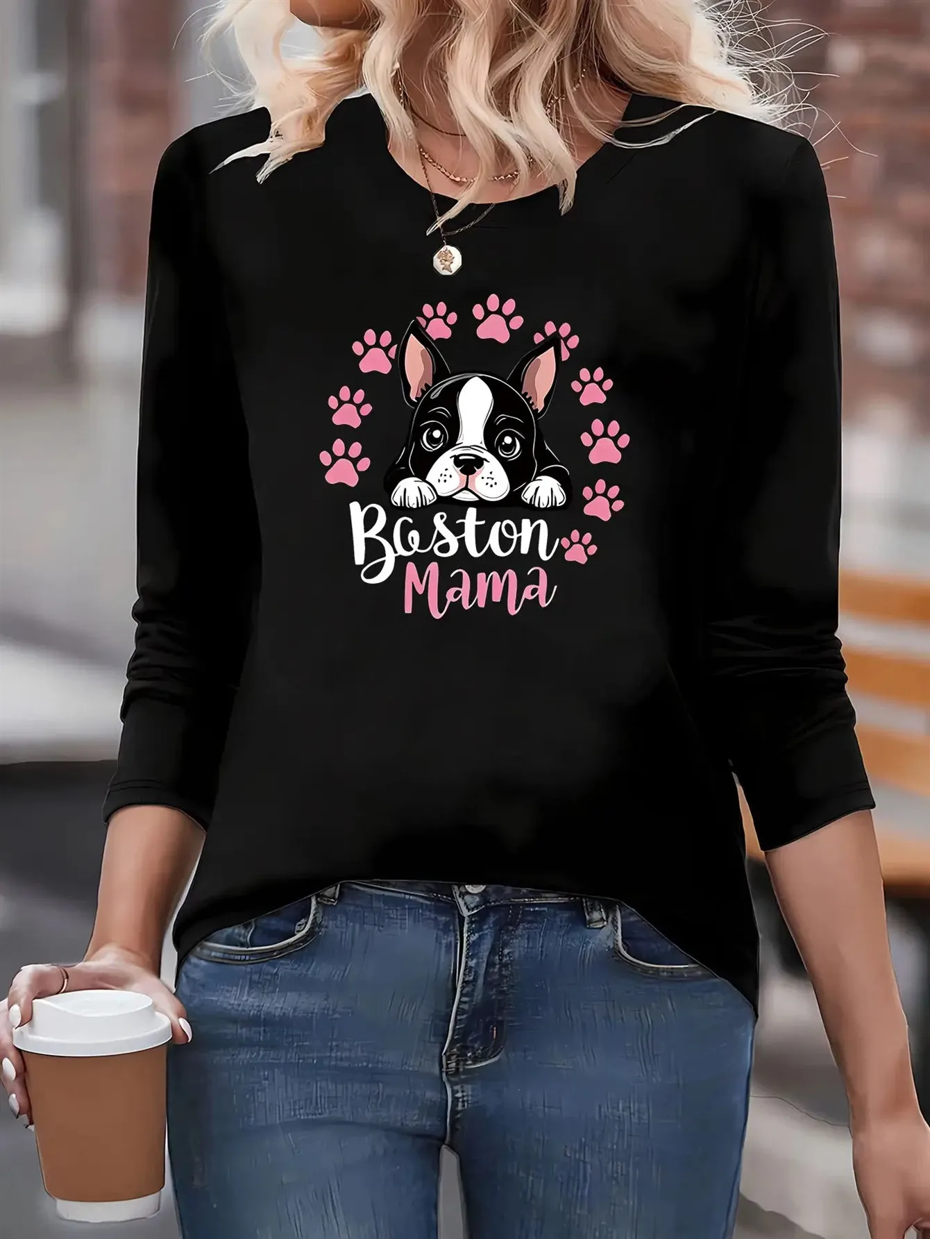 

Boston Terrier T-Shirt - Long Sleeve Boston Mama & Puppy Print Top with Paw Design - Pink&black Dog Mom Shirt-Machine Washable