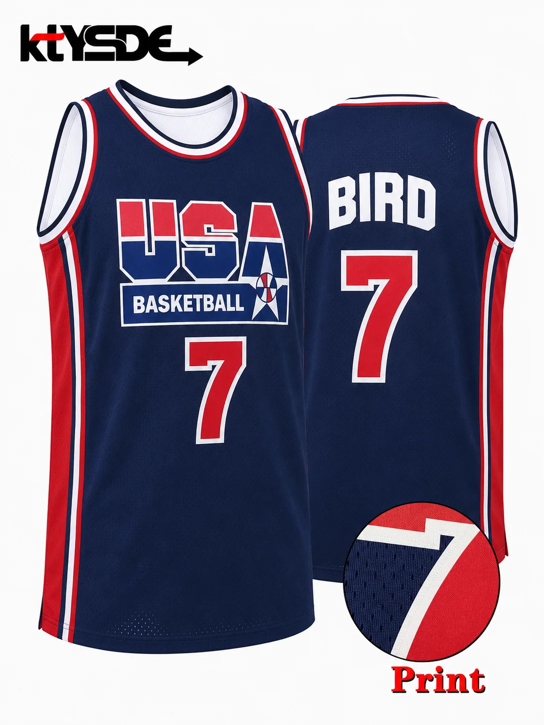 Camiseta de Baloncesto Retro Bird 7 USA 2026, Top Deportivo de Malla Azul Marino con Estampado de "USA" y Número, para Hombres y Niños