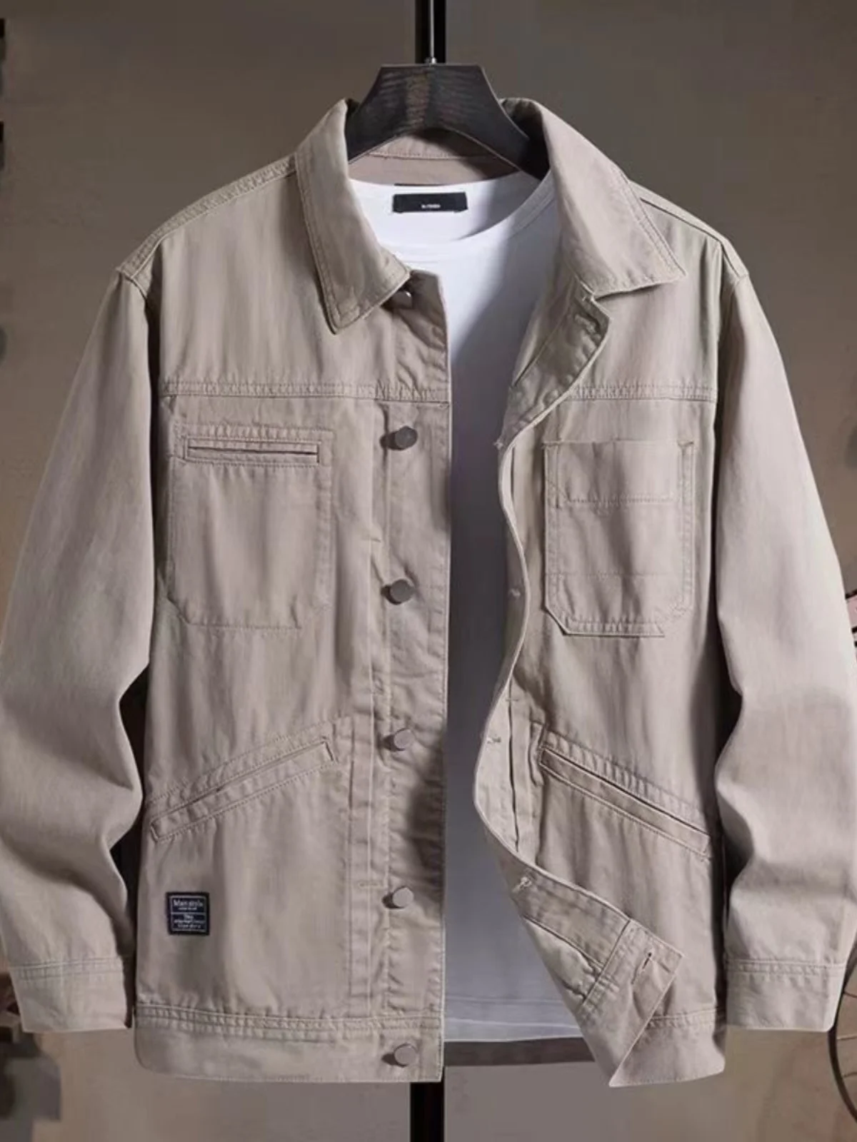 

Мужская демисезонная куртка-жакет из чистого хлопка в стиле милитари, приталенная, с длинным рукавом, для активного отдыха, с двумя карманами