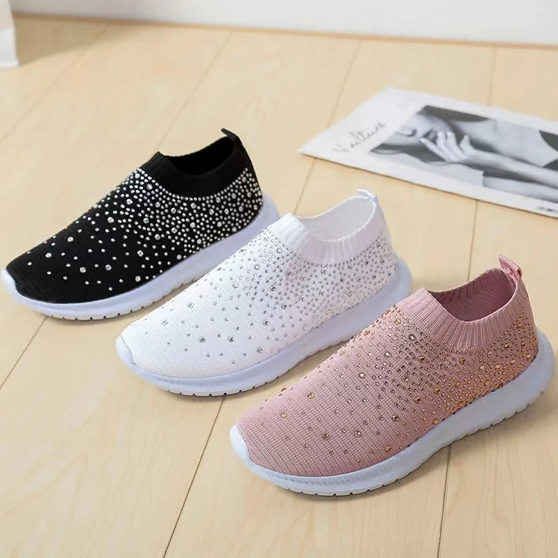 Large Size Rhinestone Elastic Socks Shoes Casual Women\'s Flying Woven Breathable Lightweight Casual Thick-soled Shoes