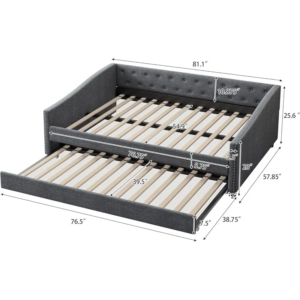 Upholstered Daybed with Trundle, Tufted Sofa Bed, Button-Tufted Back, Piping on Arms, Dark Grey, No Box Spring Needed for Bedroo