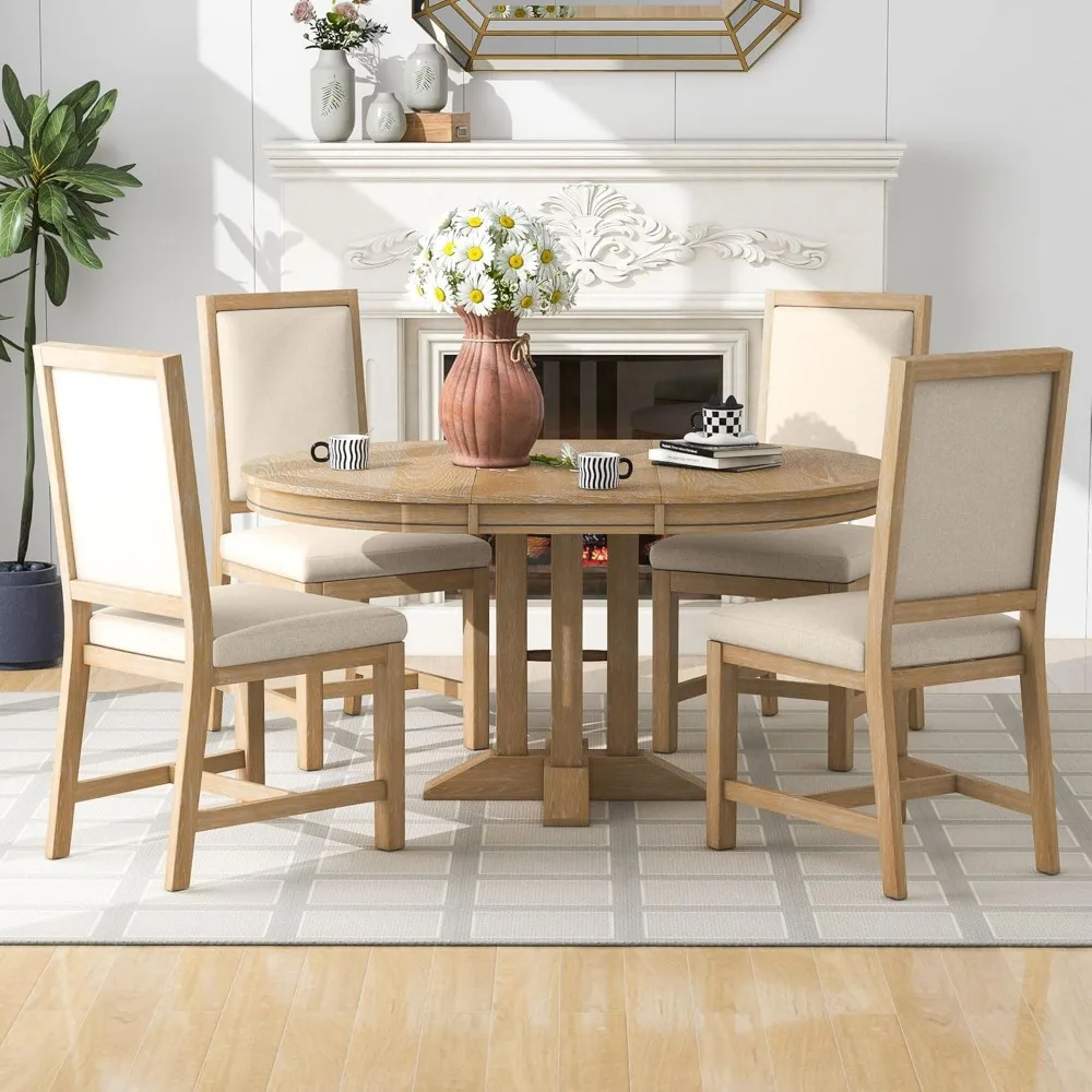 

Round Dining Table Set for 4, Extendable Dining Table 5 Piece, Wood Dining Table with 4 Upholstered Chair Set, Retro Dining Room