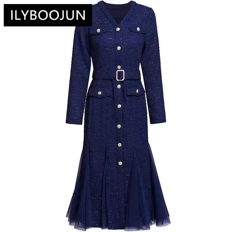 

Commuter Solid Color Women's Dress Autumn Winter V-neck Single-breasted Lace-up Slim Dresses 2024 Luxury Brand