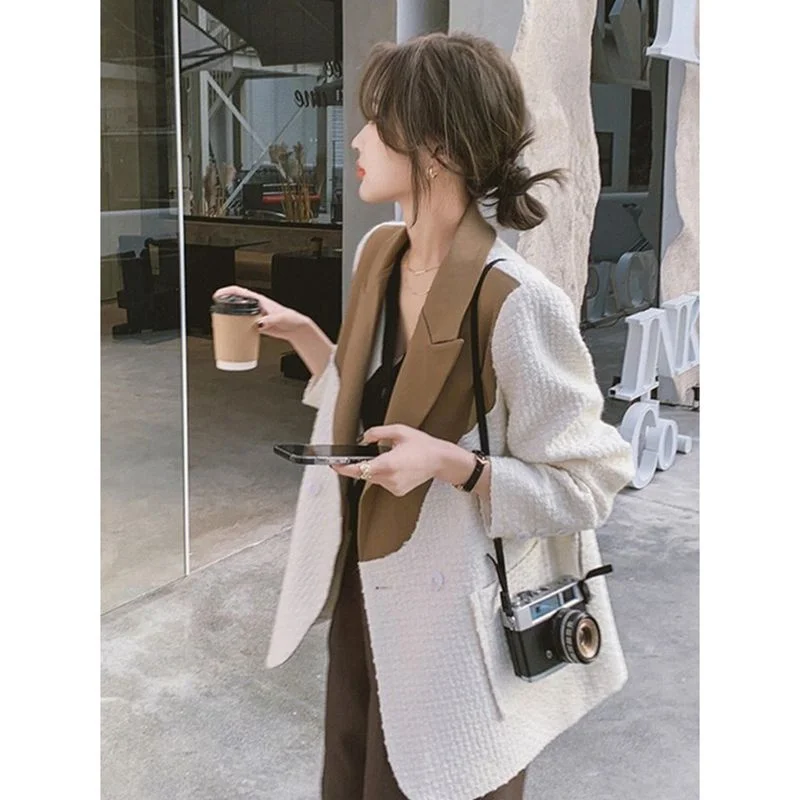 

Женский костюм больших размеров (300 Pou), осенний, универсальный, свободного кроя, с цветовыми блоками, для полных женщин, премиум-класса, в западном стиле, размер S.