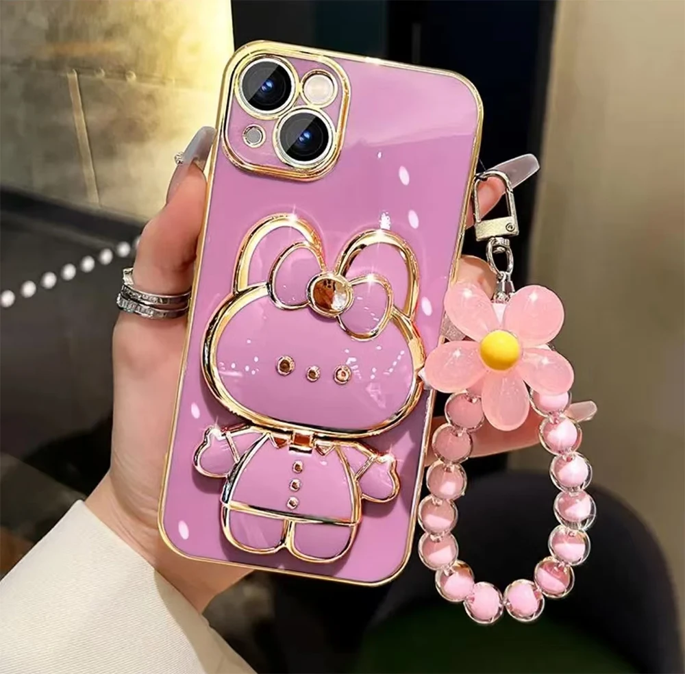 Perlenarmband Hasenspiegel Hase Blumenarmband Hülle für iPhone 16 Pro Max 15 Plus 14 13 12 11 SE 2022 Galvanisierter Ständer