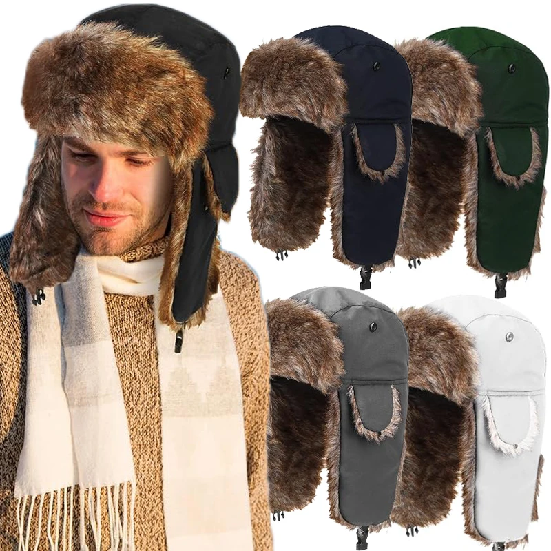 Men's Winter Trapper Aviator Trooper Earflap Warm Russian Waterproof Ski Hat Bumper Cap Russian Warm Ear Protectors Hats