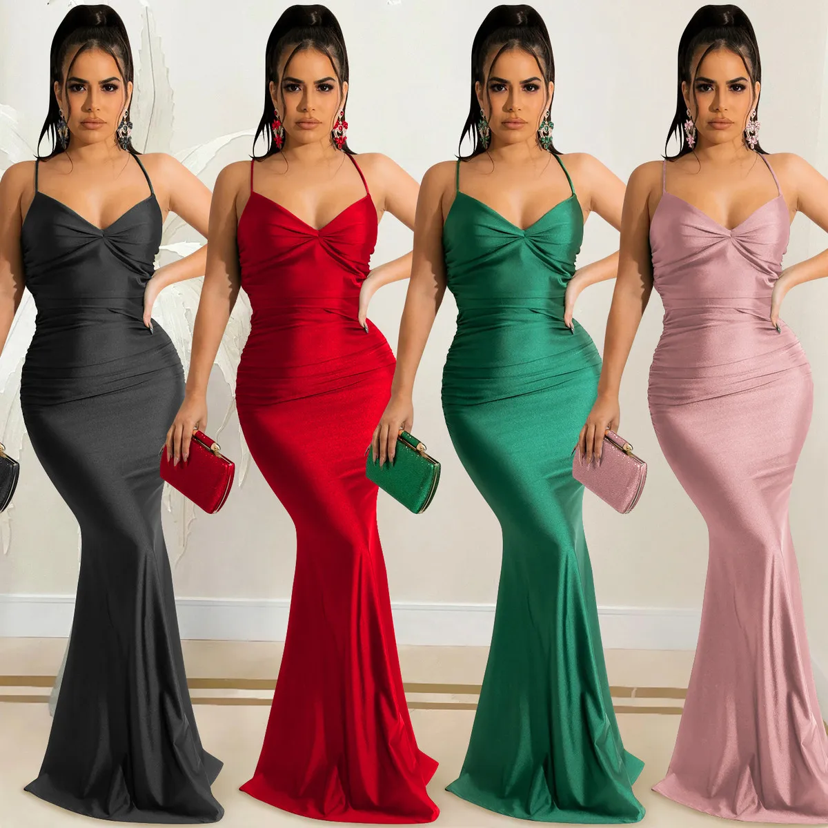 لون نقي مثير Strapl Bal Tie Dye Long Dr X567 Cross-Border Women's Dr V-Ne Svel Midi Dr for Perfo...