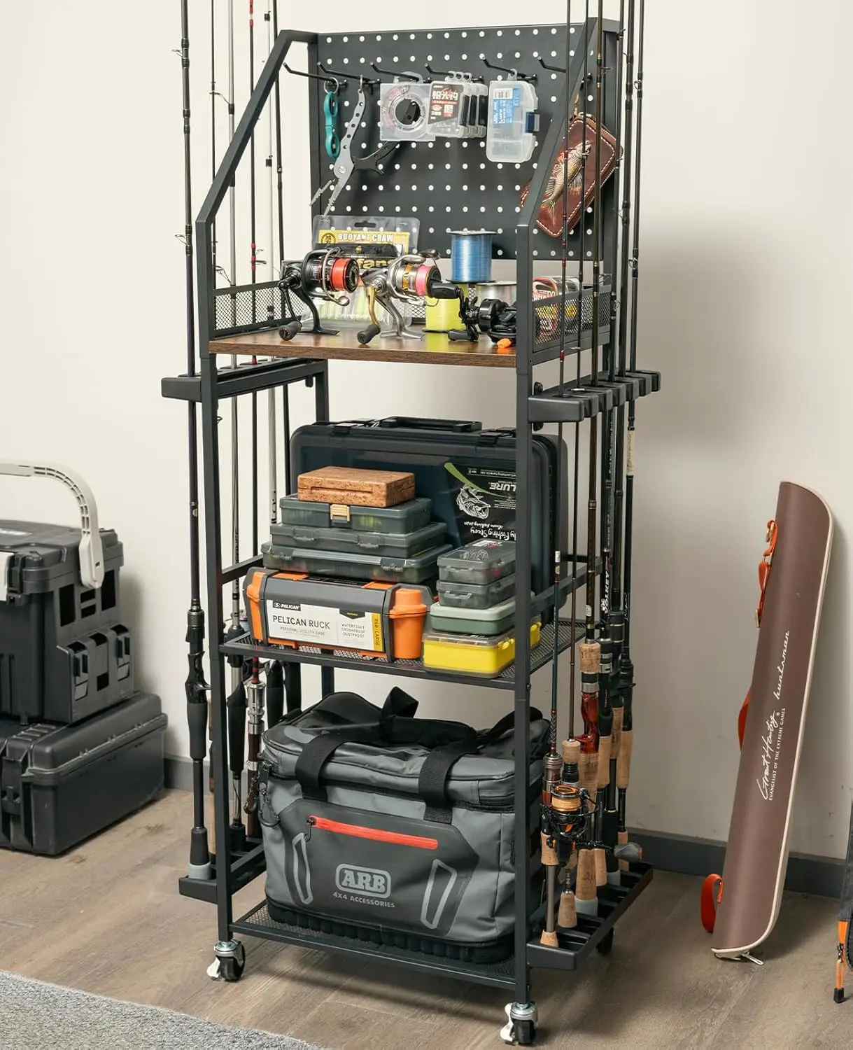 

3-Tier Rolling Fishing Rod Holder with Pegboard, Wheels & Brakes for Garage Storage up to 12 Rods