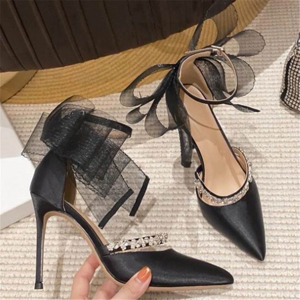 2024 Summer High Heel Sandals Women Party Wedding Rhinestone Bow Stilettos Lady Pointed Toe Pumps Buckle Shoes Black White 35-39